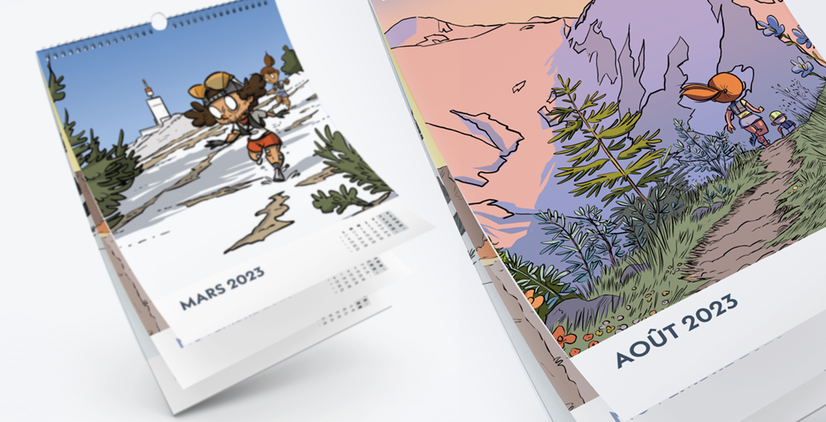 Découvrez les 12 illustrations de trail running dans le calendrier mural Des Bosses et Des Bulles.